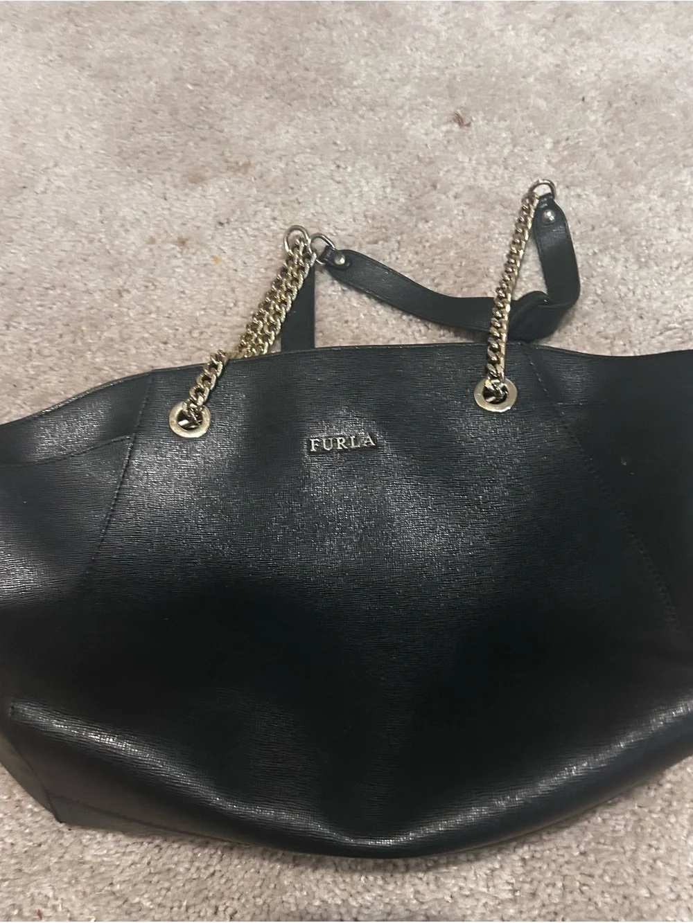 Furla Black Leather Tote with Gold Chain Straps - Picture 4 of 5